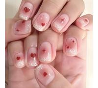 Glitter French Fake Nails,Glitter Red Heart Decoration False Nails,24pcs Glossy Red Stick on Nails with Glue,Short Fake Acrylic Nails,Square Stick on Nails for Valentine's day Manicure Home DIY