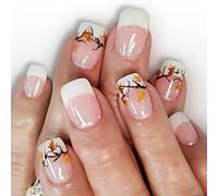 Glitter French Tip Artificial Nails - 24pcs Safe Fake Nails For Daily Use & Special Press On Fake Nail With Maple Leaf Design