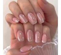 Glitter French Tip False Nails Medium Coffin, SXVME Pink Press on Nails Medium Short with Sequins Design Natural Nude Acrylic Fake Nails for Women Daily Wear 24 Pcs