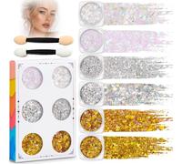 Glitter Gel for Face, Body and Hair, 6 Colours with 2 Applicators | Fine Shimmer, Chunky Reflective Flakes And Shaped Details, Iridescent, Silver And Gold Tones, For Parties And Stage Looks