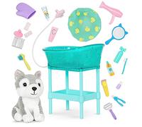 Glitter Girls Dolls Accessories - Pet Grooming & Pup Husky Set - Dog Plush Stuffed Animal - Bathtub, Hair Dryer, & Styling Accessories - Toys for Kids Ages 3 & Up - Pet Grooming & Pup Set