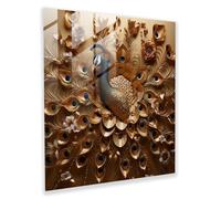 Glitter Glass Print - Shiny Champagne Gold Captivating Peacock - Glitter Bewitching Wall Decor Gorgeous 71cm x 71cm