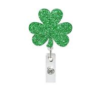 Glitter Green Four Leaf Clover Retractable Badge Reel with Alligator Clip St.Patrick Day ID Badge Holder Cute Sparkly Shamrock Badge Clip for Nurses Doctors Teachers Office Workers Irish Holiday