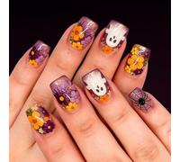 Glitter Halloween Press on Manicure Tips with Web Accents, Short Square ABS False Nails for Festive Looks and Evening Stick on Manicure Holiday False Nails Glitter Floral Web Pattern Square