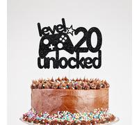 Glitter Happy 20th Birthday Cake Topper, Level 20 Unlocked Cake Topper Level Up Cheers to 20 Years Old Birthday Party Decorations Black