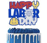 Glitter Happy Labor Day Cake Topper,American Labor Day Cake Decoration, Worker Festival Remember And Honor Laborer Party Decoration Supplies Blue Red
