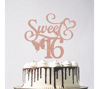 Glitter Happy Sweet 16 Birthday Cake Topper, Sweet 16 Celebration Cake Pick, 17th Birthday Anniversary Party Decorations Rose Gold