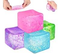 Glitter Ice Cube Stress Relief Squishy Fidget Toys, Squeeze Sensory Hand Exercise Stress Balls, 4 Pack (3cm*3cm)