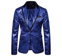 Glitter Jacket Men's Golden Wedding Party Sequin Blazer Slim Fit Men's Suit One Button Tuxedo Jacket Men's Christmas New Year's Eve Party Shiny Suit Jacket Disco Outfits, O Blue, XL