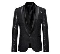 Glitter Jacket Men's Golden Wedding Party Sequin Blazer Slim Fit Men's Suit One Button Tuxedo Jacket Men's Christmas New Year's Eve Party Shiny Suit Jacket Performance Costume, O Black, L