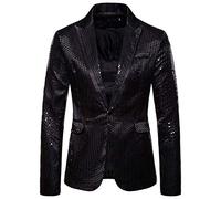 Glitter Jacket Men's Golden Wedding Party Sequin Blazer Slim Fit Men's Suit One Button Tuxedo Jacket Men's Christmas New Year's Eve Party Shiny Suit Jacket Disco Outfits, O Black, M