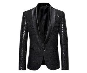 Glitter Jacket Men's Golden Wedding Party Sequin Blazer Slim Fit Men's Suit One Button Tuxedo Jacket Men's Christmas New Year's Eve Party Shiny Suit Jacket Performance Costume, O Black, XL