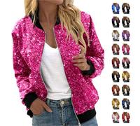 Glitter Jacket Women's Bomber Jacket Sequins Bomber Jacket Sequin Jacket Slim Fit Long Sleeve Front Zip Coat Elegant Short Jacket Festive Disco Outfit Party Carnival Costume, Hot Pink #2, L