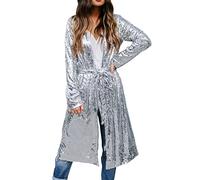 Glitter Jacket Women's Long Sequin Jacket Women's Silver Coat Fitted Cardigan Pullover Oversize Cardigan Winter Long Cardigan Elegant Cuddly Transition Coat Lightweight Summer Jacket, silver, L