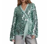 Glitter Jacket Women's Sequin Jacket Long Shirt Kimono Style Cardigan Short Cardigan Bolero Jacket Fashion Plain Casual Jacket Oversized V-Neck Festive Fluffy Jacket, O Green, M