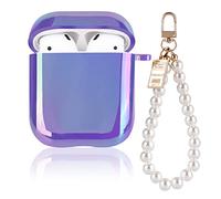 Glitter Laser Case for AirPods 2/1 with Pearl Wrist Bracelet Keychain,Cute Colorful Bling Rainbow Design Women Girls Soft TPU Shockproof Protective Cover for Airpods 2nd Generation-Purple