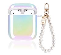 Glitter Laser Case for AirPods 2/1 with Pearl Wrist Bracelet Keychain,Cute Colorful Bling Rainbow Design Women Girls Soft TPU Shockproof Protective Cover for Airpods 2nd Generation-Pearl White