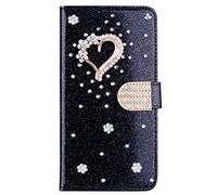 Glitter Leather Case for Samsung Galaxy S23 Plus 3D Diamond Buckle & Love Bling Glitter Pattern Leather Flip Book Wallet Shell with Card Slots Book Style Cases Cover for Samsung S23 Plus - Black