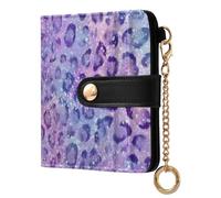 Glitter Leopard Purple Pattern Small Women Wallet RFID Blocking Bifold PU Leather Compact Card Holder with Zipper Coin Pocket Purse for Ladies Girls Women