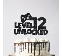 Glitter Level 12 Unlocked Cake Topper - Happy 12th Birthday Cake Topper, Player Level Up 12 Birthday Party Decorations Black