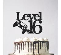 Glitter Level 16 Cake Topper, Level Up Happy 16th Birthday Cake Topper, Cheers to 16 Year Old for Gamer Birthday Party Decorations Black