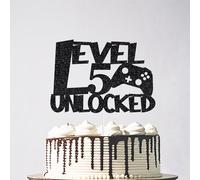 Glitter Level 5 Unlocked Cake Topper, Video Game Happy 5th Birthday Cake Topper Decoration, Level Up Winner Birthday Party Supplies Black