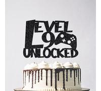 Glitter Level 9 Unlocked Cake Topper, Video Game Happy 9th Birthday Cake Topper Decoration, Level Up Winner Birthday Party Supplies Black