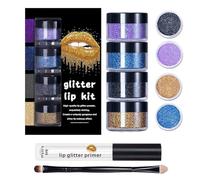 Glitter Lip Kit, Shiny Lip Powder Set, 10ml Primer & Brush, Long Lasting Cosmetics, Professional Makeup Accessory for Weddings, Halloween, Parties, Christmas, Travel, Family Gatherings, Holiday Events