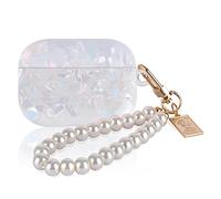 Glitter Marble Case for Airpod Pro with Pearl Wrist Keychain,Colorful Sparkle Bling Pretty Cute Soft TPU Shockproof Protective Skin Cover Compatible with Airpod Pro for Women Girls-White