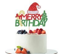 Glitter Merry Birthday Cake Topper Red & Green Merry Christmas Happy Holiday Cake Decoration，Winter Festival Xmas Themed Kids Adults Birthday Party Decorations Supplies