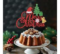 Glitter Merry Christmas Cake Topper Red & Green Christmas Happy Holiday Cake Decoration，Winter Festival Xmas Themed Kids Adults Birthday Party Decorations Supplies