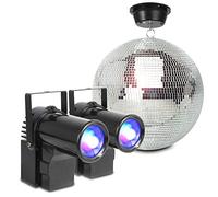 Glitter Mirror Ball 30cm Disco Kit with Motor and 2X BeamZ RGBW 10W LED Pinspot Lights for Wedding Party DJ Event Lighting