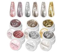 Glitter Nail Gel - Resin Formula 6x5ml | UV Soak Off Manicure Lacquer Shimmer Finish Set | For Salon Styling Home Beauty Travel Holiday Event Use