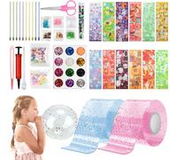 Glitter Nano Tape Bubbles Kit, Double Sided Pink and Blue Nano Tape for Making Bubbles, DIY Nano Bubble Tape with Pump Sequins Glitter Powder and Stickers, Nano Magic Tape Creative Water Ball for Kids