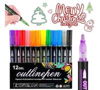 Glitter Outline Pens, 12 Colours Double Line Metallic Outline Markers for Stocking Fillers, Kids Gift Cards, Christmas Gifts for 4-12 Year Old Girls (12 pieces)