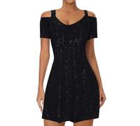 Glitter Party Dress Midi Evening Dresses for Women UK Cold Shoulder Strap Sparkly Sequin A-Line Knee Length Short Sleeve Cocktail Dress Casual Loose Fit Swing Dress Flowy T-Shirt Dresses Going Out