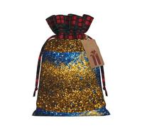 Glitter Pattern Print Christmas Drawstring Gift Bag Xmas Bags Festive Plaid Design Presents Packaging