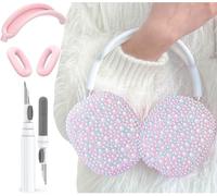 Glitter Pearls Case Cover for AirPods Max Headphones with Cleaner Pen Girls, Soft Handmade Beads TPU Ear Cups/Ear Pad/Headband Cover Silicone Protector for Apple Air Pod Max Accessories, Gradient Pink