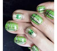 Glitter Press On Nails - 24 Reusable Acrylic False Nails with Plaid & Celtic Designs for St. Patrick’s Day, Party, Daily Wear | Long Lasting, Easy to Apply Nail Art for Women, Nail Art