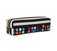 Glitter Rainbow Polka Dot Stripe Black and White 2 Printed Leather Pencil Case Cute Stationery Organizer Simple Makeup Bag Pen Pouch, Gold Zipper