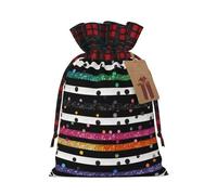 Glitter Rainbow Polka Dot Stripe Black And White 3 Christmas Drawstring Linen Gift Bag Paired With Scottish Plaid Fabric, With A Delicate And Simple Texture