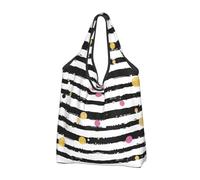 Glitter Rainbow Polka Dot Stripe Black And White Print Large Foldable Shopping Tote Bag 1 Pc, Reusable Tote Bags Washable Travel Recycle Folding Shopping Bag For Grocery, Outdoor Camping, Daily Use
