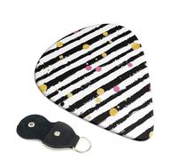 Glitter Rainbow Polka Dot Stripe Black and White Printed Guitar Picks, 6 Pack with Leather Keychain Pick Holder - 0.46mm, 0.71mm, 0.96mm Assorted Thickness for Acoustic Ukulele, Electric Guitar