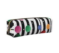 Glitter Rainbow Polka Dot Stripe Black and White Printed Leather Pencil Case Cute Stationery Organizer Simple Makeup Bag Pen Pouch, Gold Zipper