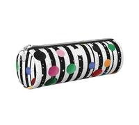 Glitter Rainbow Polka Dot Stripe Black and White Printed Leather Pencil Case Cute Stationery Organizer Round Makeup Bag Pen Pouch, Silver Zipper