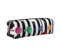 Glitter Rainbow Polka Dot Stripe Black and White Printed Leather Pencil Case Cute Stationery Organizer Simple Makeup Bag Pen Pouch, Silver Zipper