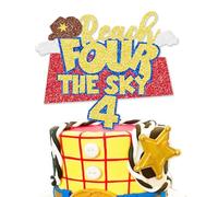 Glitter Reach Four the Sky Birthday Cake Topper Cartoon Story 4th Bday Decorations Blue Sky Clouds 4th Birthday Party Supplies for Boys