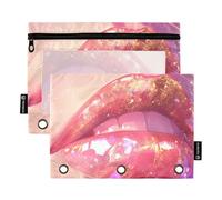 Glitter Red Lips Budget Binder with Clear Window Zipper Pencil case Big Capacity 3 Ringing Binder Pocket for Office Supplies Multicolored 2 PCS