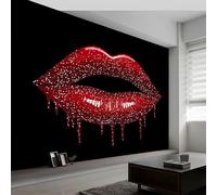 Glitter Red Lips Photo Wallpaper, 400x280 cm Non-Woven Premium Fleece Wall Mural, Black Bedroom Living Room Eco-Friendly Wallpaper Decoration Poster