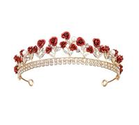 Glitter Red Rose Rhinestone Pearl Tiara Bride Princess Floral Crown Headband Headpiece for Birthday Wedding Party Hair Jewelry Accessories